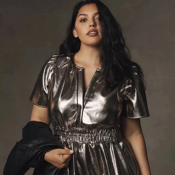 Anthropologie The Somerset Mini Metallic Dress FauxLeather Edition Silver  3X Dresses